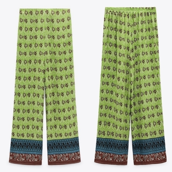 New Zara Full Length Printed High Waist Wide Leg Boho Green Pants NWT - Picture 8 of 13